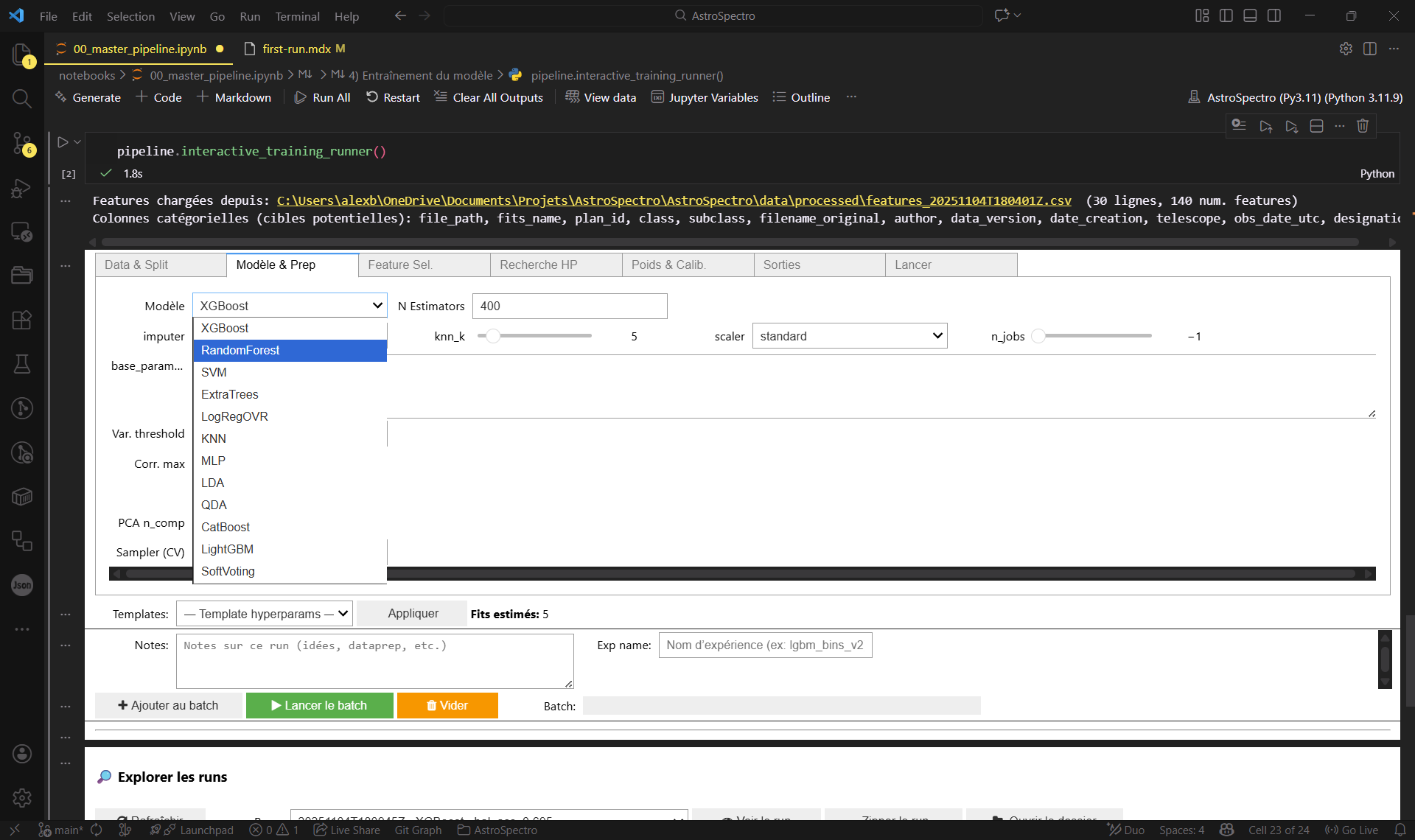 Figure 3 : Le panneau de contrôle pour choisir votre modèle (XGBoost/RF) sans toucher au code.